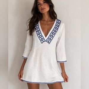 Boden White Rosanna Knit Tunic Dress Blue Embroidered Trim Sz 4 Coastal Boho EUC